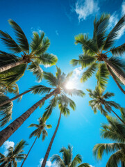 Fototapeta premium Upward view of tall palm trees silhouetted against a bright blue sky, with leaves swaying gently in the breeze. A tropical and sunny atmosphere. Generative AI