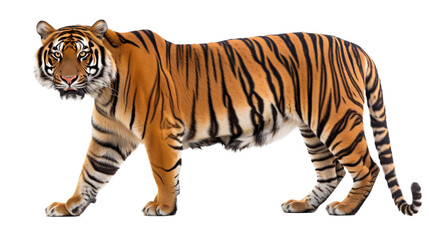 Obraz premium A side profile of a Bengal tiger walking, isolated on a transparent background, symbolizing power, agility, and wild beauty.