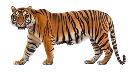 A side profile of a Bengal tiger walking, isolated on a transparent background, symbolizing power, agility, and wild beauty.