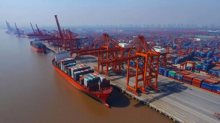 Cargo ship docking process port aerial view maritime environment industrial concept