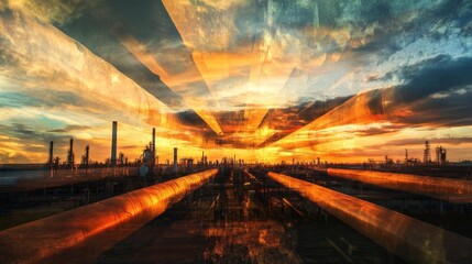 Fototapeta premium Industrial sunrise oil refinery urban landscape digital art vibrant sky wide-angle perspective energy and innovation