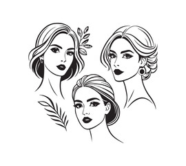 Set of stylized woman faces. Modern single line art. Woman beauty fashion concept, minimalistic style Black and white