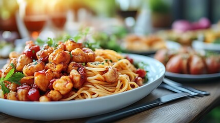 Delicious pasta dish with seafood and tomato sauce.