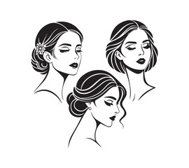 Set of stylized woman faces. Modern single line art. Woman beauty fashion concept, minimalistic style Black and white