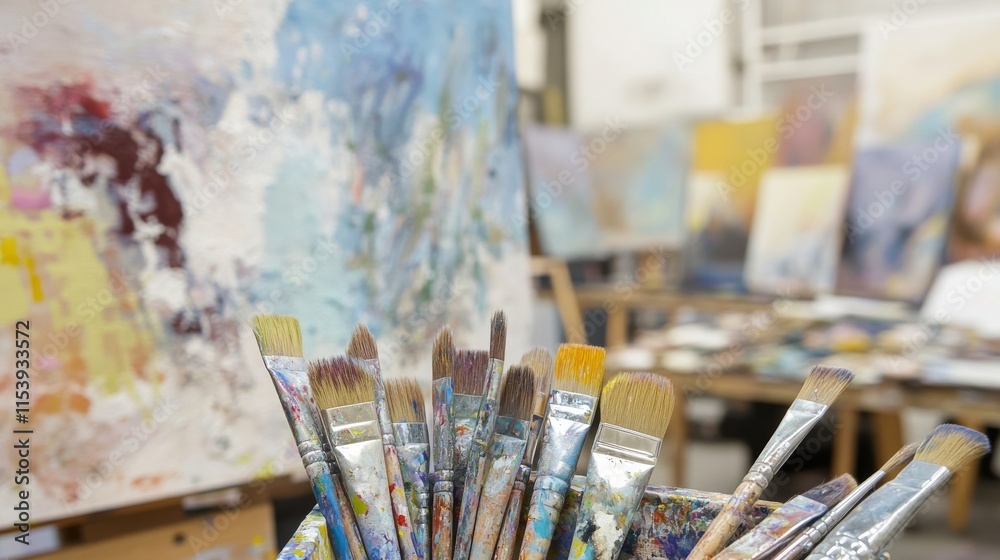 Poster a vibrant painting workshop in a bustling art studio, paintbrushes and canvases arranged creatively,