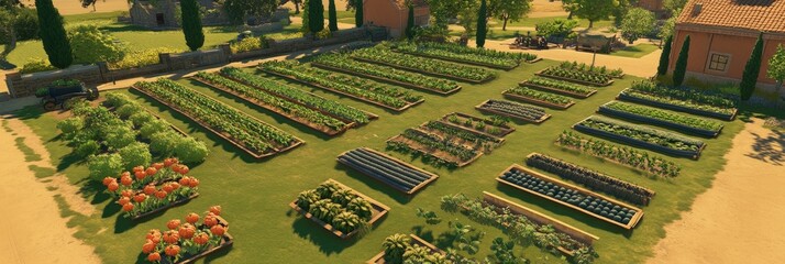 Fototapeta premium A lush garden featuring various vegetable and flower beds arranged neatly.