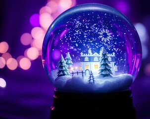 Beautiful winter wonderland captured in a snow globe with sparkling lights and a cozy cottage glowing in the night