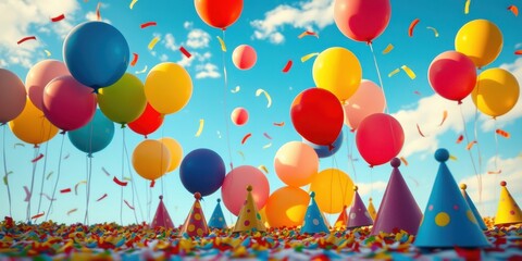 Joyful Celebration with Colorful Balloons and Party Hats Soaring in a Sunny Sky