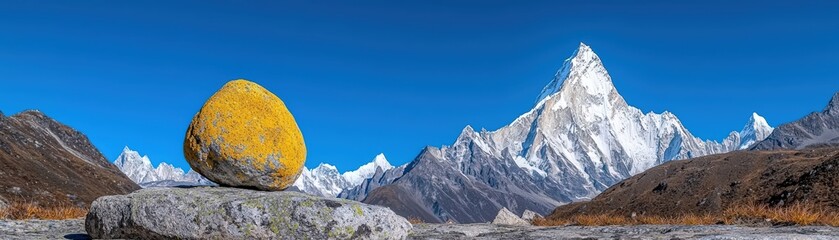 Obraz premium Scenic Mountain Landscape with Lichen-Covered Rock in Beautiful Himalayan Setting
