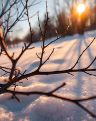 Winter sunset casts warm glow on snow-covered landscape with delicate branches silhouetted