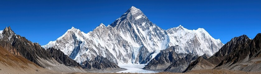 Majestic Snow-Capped Mountain Peaks Under Clear Blue Sky in Panoramic View