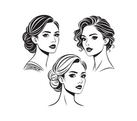 Set of stylized woman faces. Modern single line art. Woman beauty fashion concept, minimalistic style Black and white