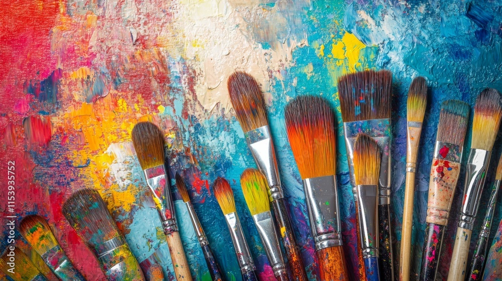 Poster a vibrant painting workshop in a colorful art studio, paintbrushes and canvases arranged artisticall