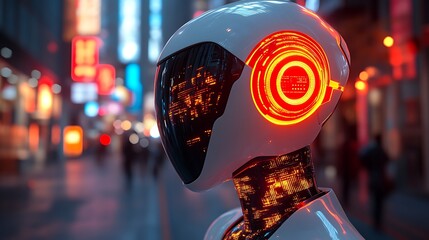 Futuristic robot in city at night.