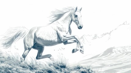 A graceful white horse gallops across a serene landscape, embodying freedom and beauty.