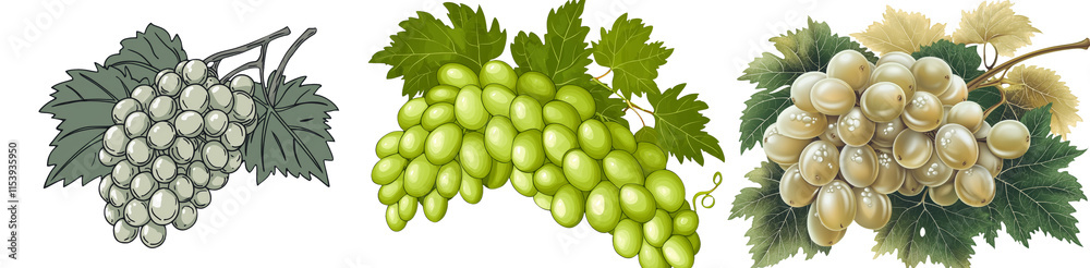 Aufkleber a white background image of a green grape bunch with leaves, highlighting sweet grapes on a branch i