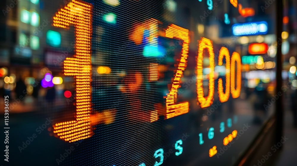 Poster close up of scrolling ticker numbers and financial data displayed on a vibrant high tech digital scr