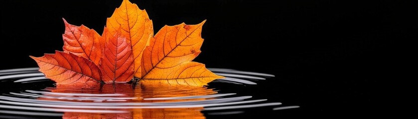 Vibrant Autumn Leaves Floating on Calm Water with Circular Ripples Against Black Background