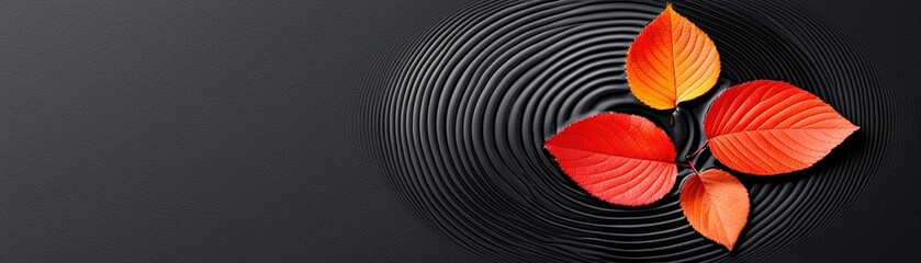 Obraz premium Vibrant Red Leaves Floating on Black Surface Creating Ripples in Water Atmosphere