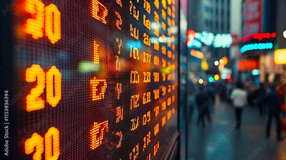 Poster closeup view of a vibrant digital display screen showing scrolling ticker numbers and financial data