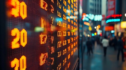 Closeup view of a vibrant digital display screen showing scrolling ticker numbers and financial data representing the fast paced world of finance investment and real time market information