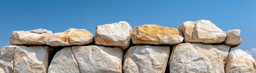 Natural Stone Wall Made of Large Rocks Against a Clear Blue Sky in Bright Daylight
