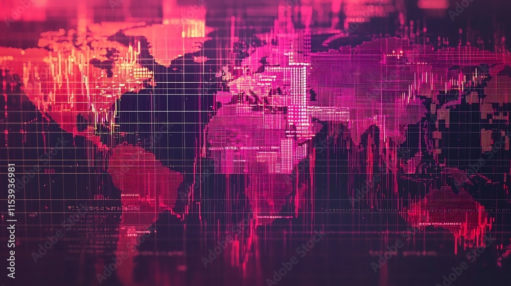 Poster detailed global market statistics and financial data overlaid on a futuristic digital grid backgroun