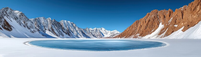 Majestic Frozen Lake Surrounded by Snow-Capped Mountains in a Clear Blue Sky