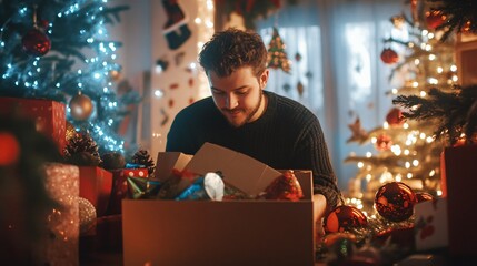 Obraz premium Christmas surprise unwrapped cozy living room holiday gift reveal festive environment intimate viewpoint joyful concept