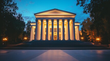 Obraz premium Majestic Neoclassical Building with Glowing Columns at Dusk