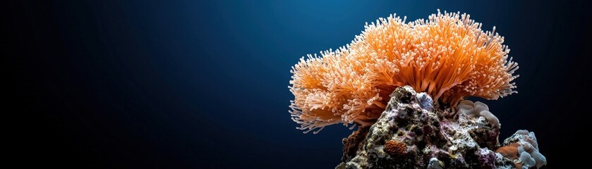Obraz premium Vibrant Orange Soft Coral on Underwater Rock Against Deep Blue Ocean Background