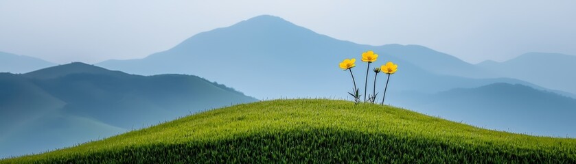 Obraz premium Vibrant Yellow Flowers Blooming on Green Hill Against Soft Blue Mountains in the Background