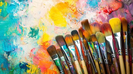 Obraz premium A vibrant painting workshop in a colorful art studio, Paintbrushes and canvases arranged artistically, Artistic creation style