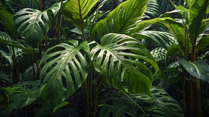  Lush Jungle Foliage:  A close-up shot of vibrant green monstera leaves in a lush, tropical jungle setting, capturing the beauty and vibrancy of nature.  