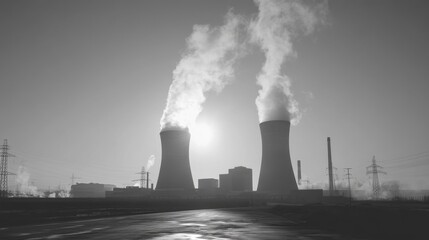 Industrial emission control strategies power plant photography urban environment wide angle climate change awareness