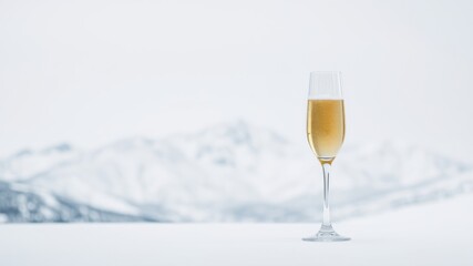 A single flute of sparkling wine rests on a pristine white surface, with a softly blurred mountainous winter landscape in the background.