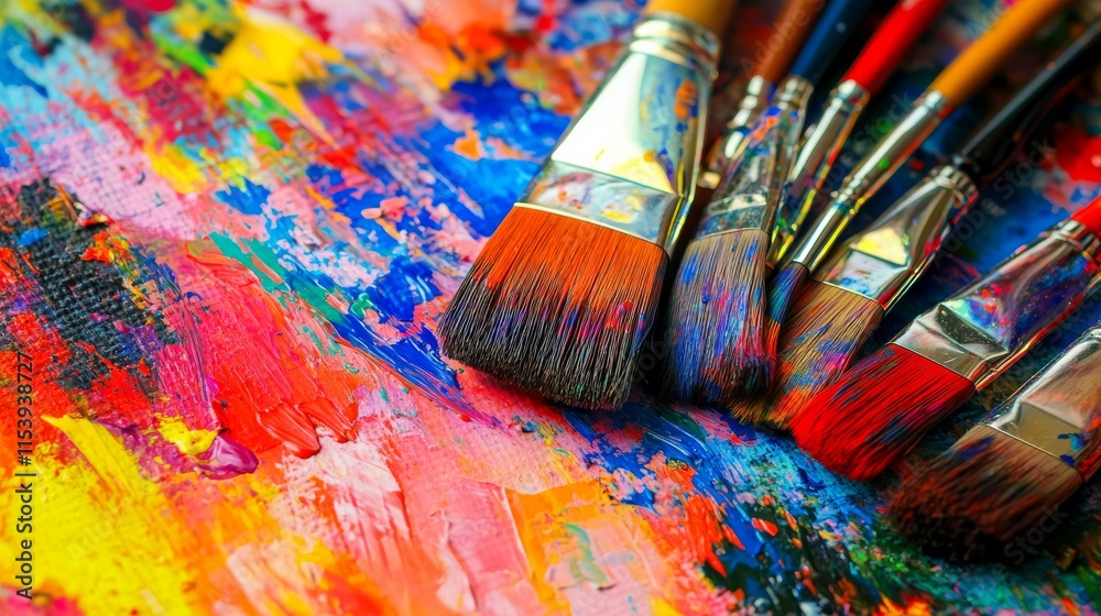 Poster a vibrant painting workshop in a colorful art studio, paintbrushes and canvases arranged artisticall