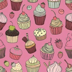 Seamless pattern with doodle-style cupcakes. Different cupcakes with different fillings