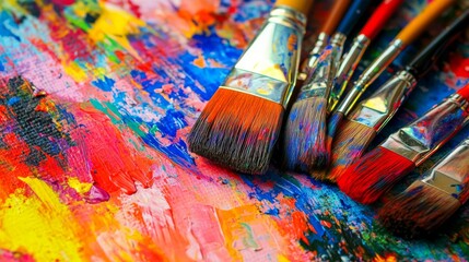 Fototapeta premium A vibrant painting workshop in a colorful art studio, Paintbrushes and canvases arranged artistically, Artistic creation style