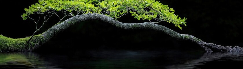 Naklejka premium Serene Curved Tree Branch Over Water Surrounded by Dark Nature Landscape and Reflective Surface