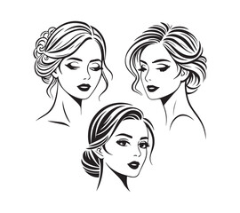 Set of stylized woman faces. Modern single line art. Woman beauty fashion concept, minimalistic style Black and white
