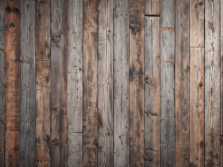 Fototapeta premium An artistic arrangement of reclaimed wood planks, showcasing aged textures and a mix of natural tones. A rustic and vintage-inspired background. Generative AI