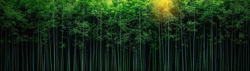 Fototapeta premium Serene Bamboo Forest Bathed in Soft Light with Lush Greenery and Tall Vertical Stalks