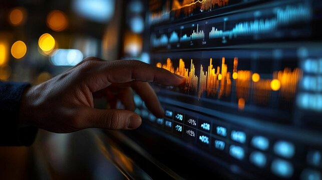 A hand interacts with a digital display showing audio waveforms and controls, highlighting sound analysis and technology.