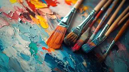 Obraz premium A vibrant painting workshop in an urban art studio, Paintbrushes and canvases arranged creatively, Artistic creation style