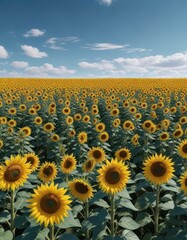 Fototapeta premium Field of sunflowers in bright blue sky, no clouds visible - Blue Sky Sunflower Field, nature scenery, sunflowers, golden light