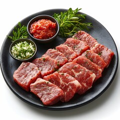 Fresh Raw Beef Slices with Herbs and Condiments