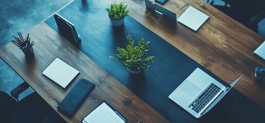 Modern office workspace with laptops, plants, and notebooks on a wooden table.