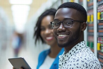 Smiling African American Man Working in Data Center with Female Colleague