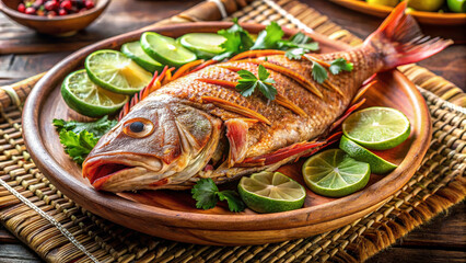 Whole red snapper fish garnished with lime and fresh herbs on a rustic wooden plate